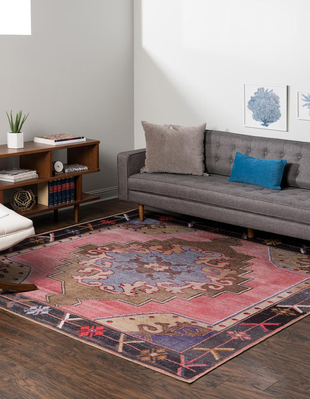 Washable Pink 7' 6 x 7' 6 Timeless Square Area Rug Easy to Clean Stain Resistant & Durable Traditional Classic Vintage Design Carpet for Sale at Rug Engine