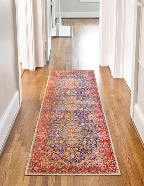 Washable Navy Blue 2' 6 x 12' Timeless Runner Area Rug Easy to Clean Stain Resistant & Durable Traditional Classic Vintage Design Carpet for Sale at Rug Engine