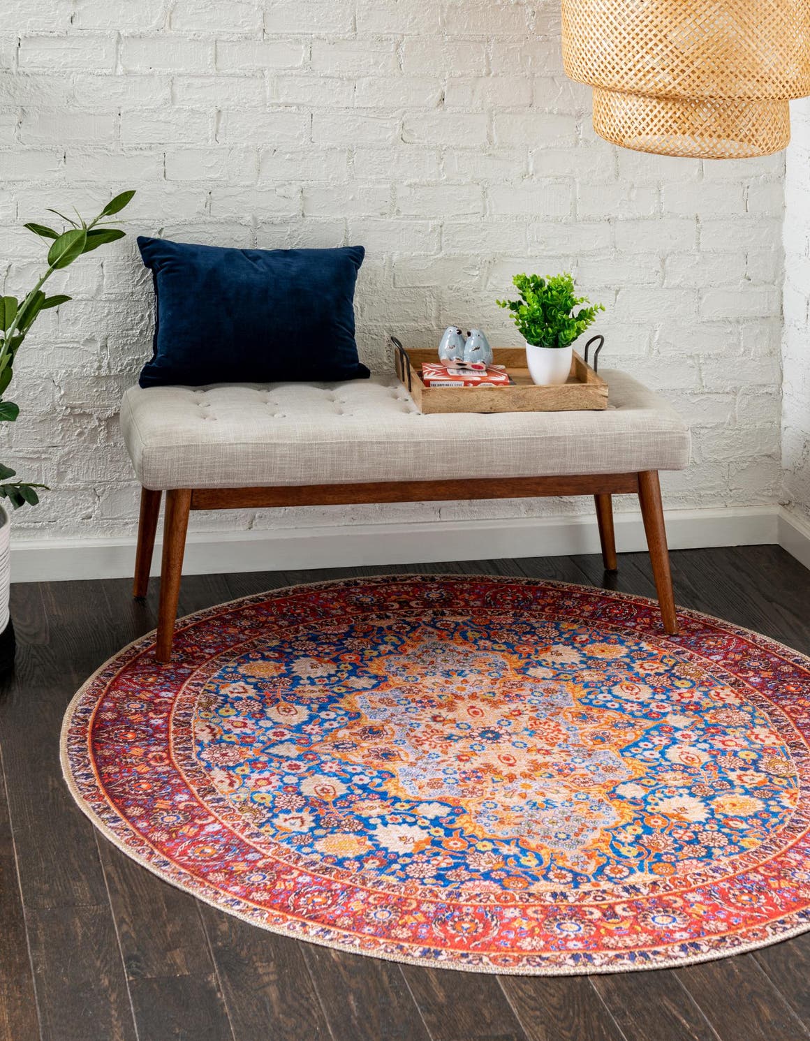 Washable Navy Blue 3' 6 x 3' 6 Timeless Round Area Rug Easy to Clean Stain Resistant & Durable Traditional Classic Vintage Design Carpet for Sale at Rug Engine