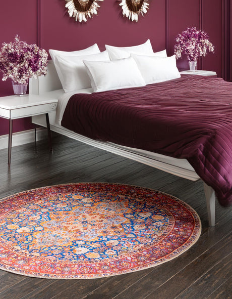 Washable Navy Blue 7' 7 x 7' 7 Timeless Round Area Rug Easy to Clean Stain Resistant & Durable Traditional Classic Vintage Design Carpet for Sale at Rug Engine