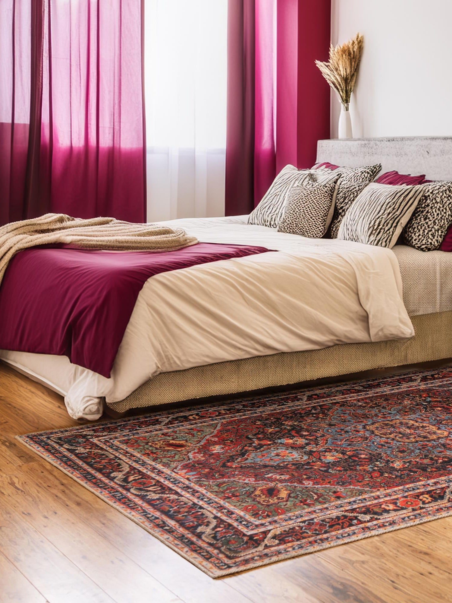 Washable Burgundy 4' 1 x 6' 1 Timeless Rectangle Area Rug Easy to Clean Stain Resistant & Durable Traditional Classic Vintage Design Carpet for Sale at Rug Engine