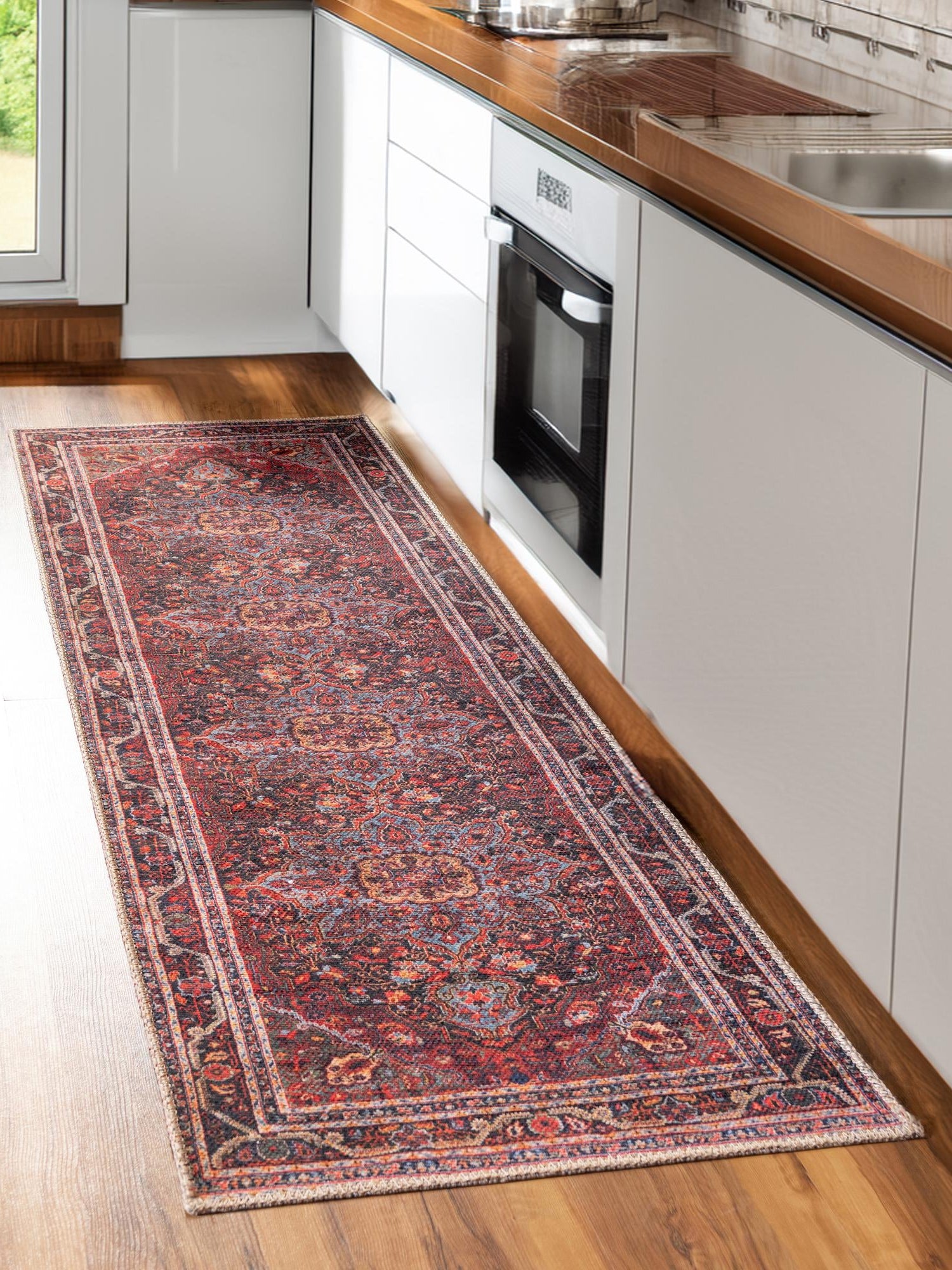 Washable Burgundy 2' 6 x 16' 5 Timeless Runner Area Rug Easy to Clean Stain Resistant & Durable Traditional Classic Vintage Design Carpet for Sale at Rug Engine