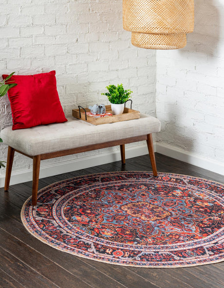 Washable Burgundy 7' 7 x 7' 7 Timeless Round Area Rug Easy to Clean Stain Resistant & Durable Traditional Classic Vintage Design Carpet for Sale at Rug Engine