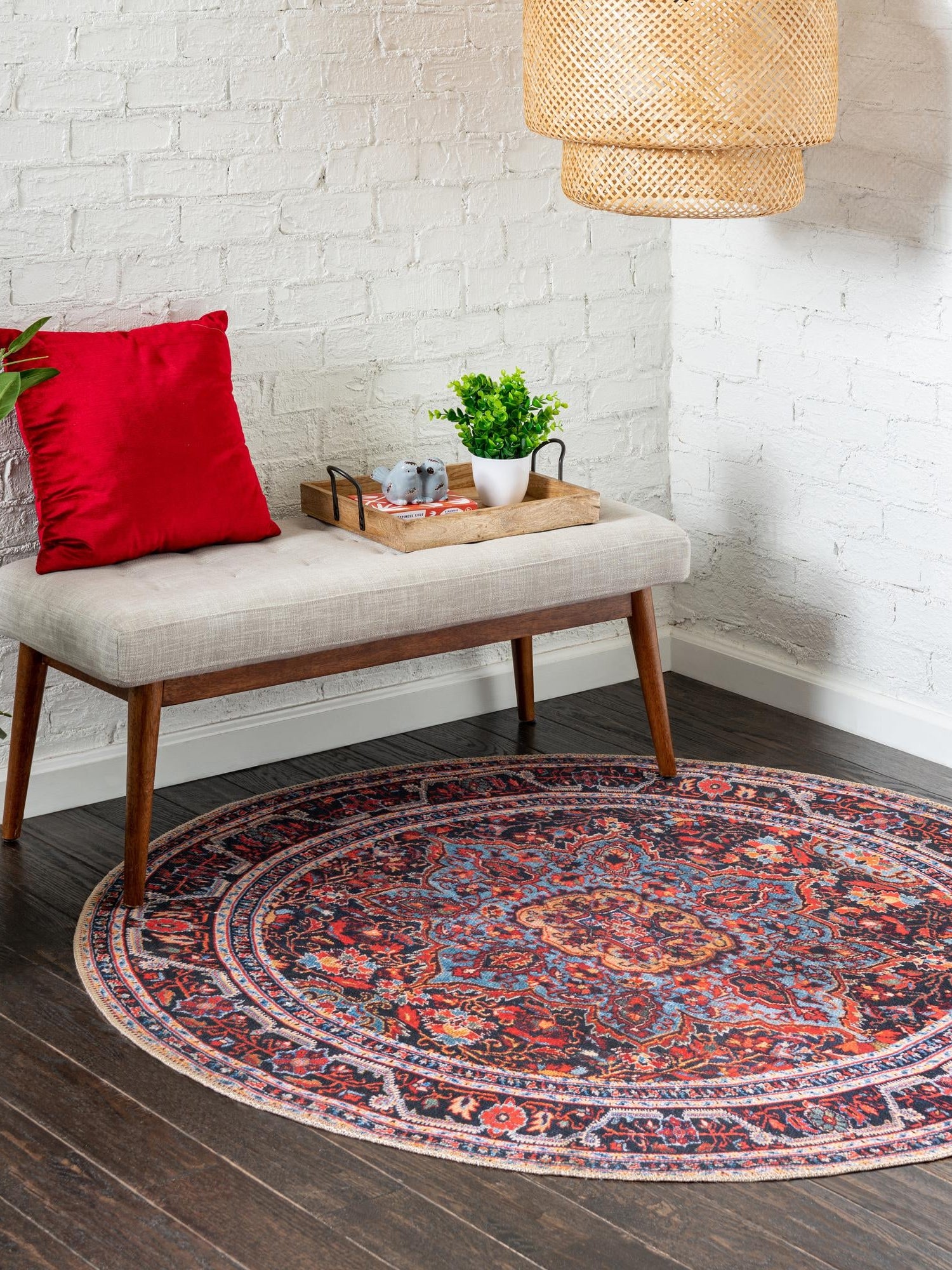 Washable Burgundy 3' 6 x 3' 6 Timeless Round Area Rug Easy to Clean Stain Resistant & Durable