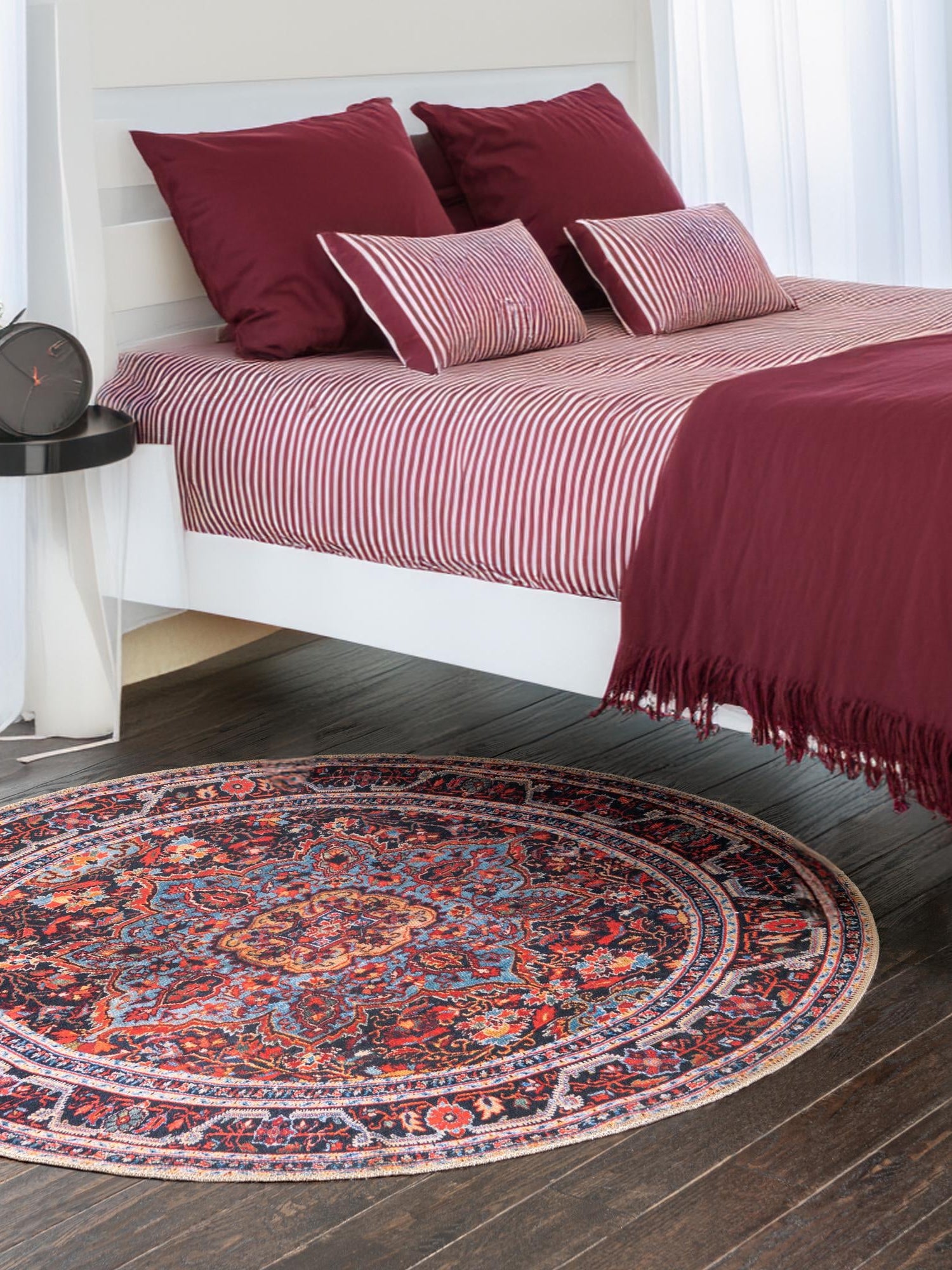 Washable Burgundy 3' 6 x 3' 6 Timeless Round Area Rug Easy to Clean Stain Resistant & Durable