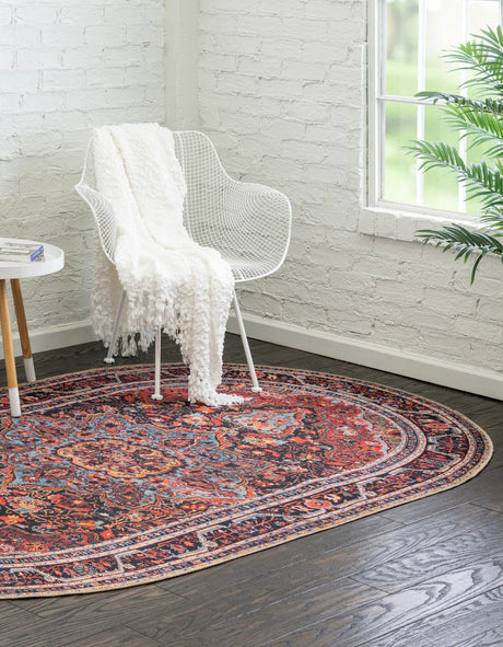 Washable Burgundy 5' x 8' Timeless Oval Area Rug Easy to Clean Stain Resistant & Durable Traditional Classic Vintage Design Carpet for Sale at Rug Engine
