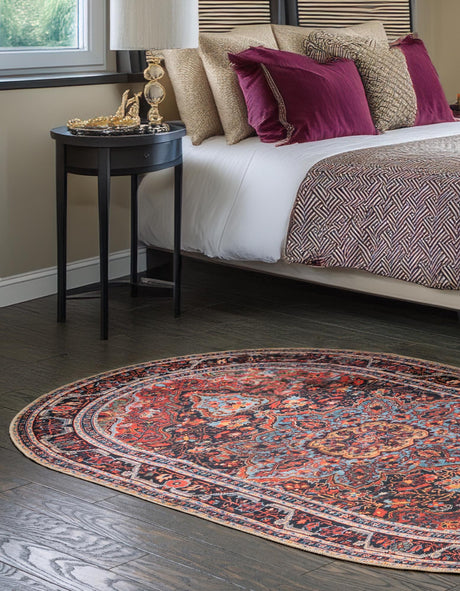 Washable Burgundy 4' 1 x 6' 1 Timeless Oval Area Rug Easy to Clean Stain Resistant & Durable Traditional Classic Vintage Design Carpet for Sale at Rug Engine