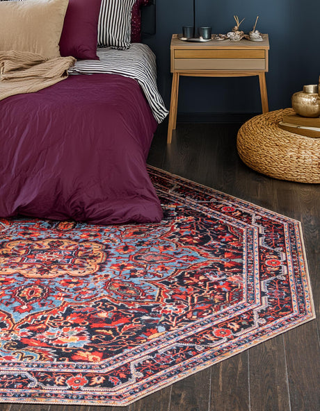 Washable Burgundy 7' 6 x 7' 6 Timeless Octagon Area Rug Easy to Clean Stain Resistant & Durable Traditional Classic Vintage Design Carpet for Sale at Rug Engine