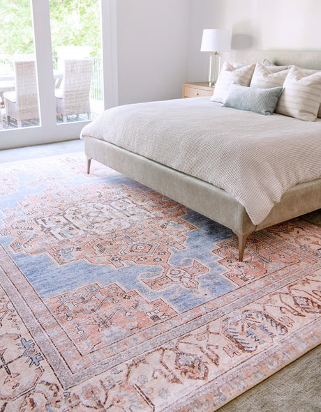 Washable Blue 7' 6 x 10' 6 Timeless Rectangle Area Rug Easy to Clean Stain Resistant & Durable Traditional Classic Vintage Design Carpet for Sale at Rug Engine
