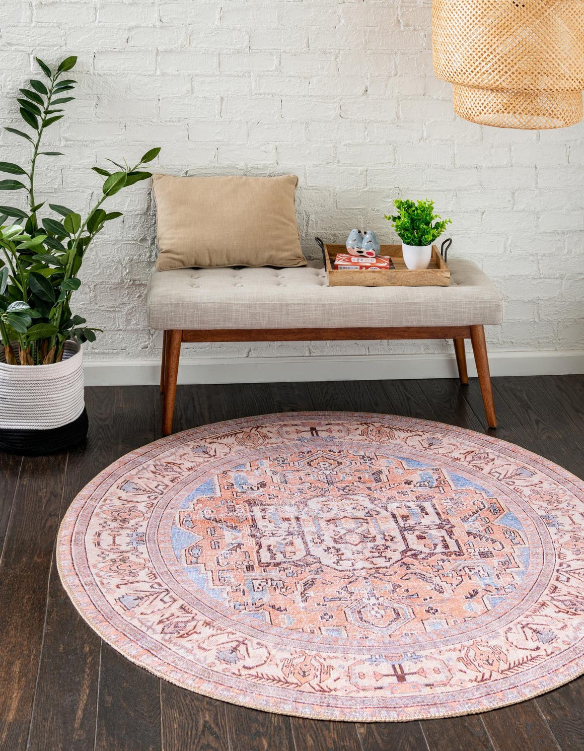 Washable Blue 7' 7 x 7' 7 Timeless Round Area Rug Easy to Clean Stain Resistant & Durable Traditional Classic Vintage Design Carpet for Sale at Rug Engine