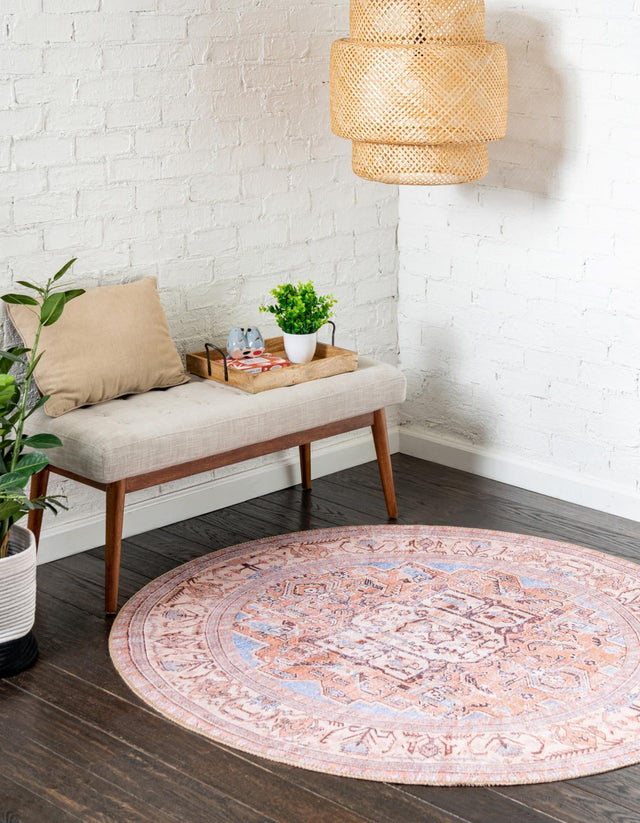 Washable Blue 5' x 5' Timeless Round Area Rug Easy to Clean Stain Resistant & Durable Traditional Classic Vintage Design Carpet for Sale at Rug Engine