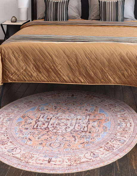 Washable Blue 3' 6 x 3' 6 Timeless Round Area Rug Easy to Clean Stain Resistant & Durable Traditional Classic Vintage Design Carpet for Sale at Rug Engine