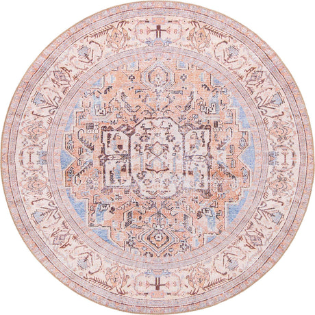 Washable Blue 5' x 5' Timeless Round Area Rug Easy to Clean Stain Resistant & Durable Traditional Classic Vintage Design Carpet for Sale at Rug Engine