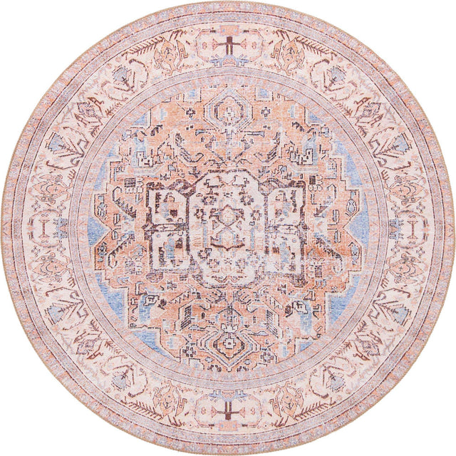 Washable Blue 5' x 5' Timeless Round Area Rug Easy to Clean Stain Resistant & Durable Traditional Classic Vintage Design Carpet for Sale at Rug Engine