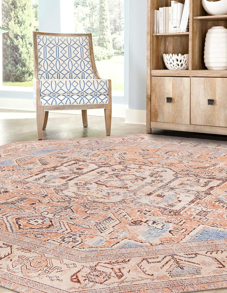 Washable Blue 7' 6 x 7' 6 Timeless Octagon Area Rug Easy to Clean Stain Resistant & Durable Traditional Classic Vintage Design Carpet for Sale at Rug Engine