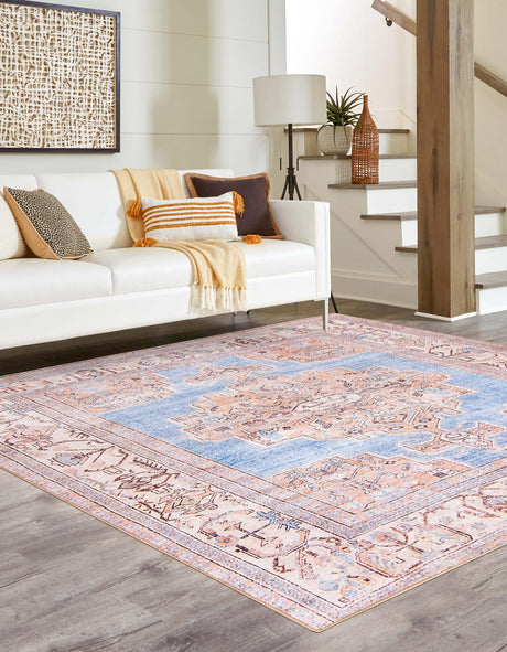 Washable Blue 7' 6 x 7' 6 Timeless Square Area Rug Easy to Clean Stain Resistant & Durable Traditional Classic Vintage Design Carpet for Sale at Rug Engine