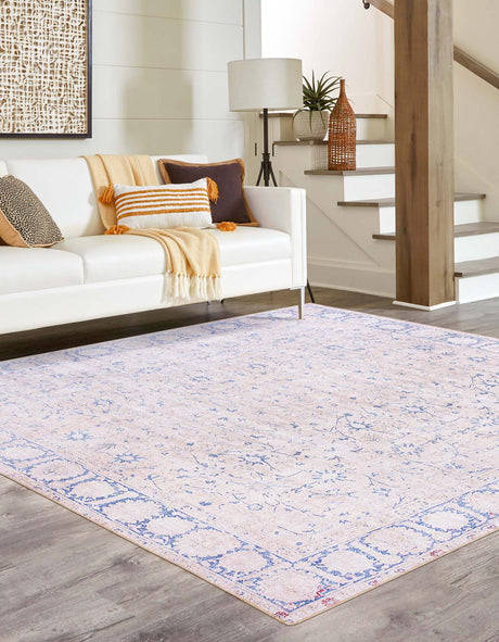 Washable Beige 7' 6 x 7' 6 Timeless Square Area Rug Easy to Clean Stain Resistant & Durable Traditional Classic Vintage Design Carpet for Sale at Rug Engine