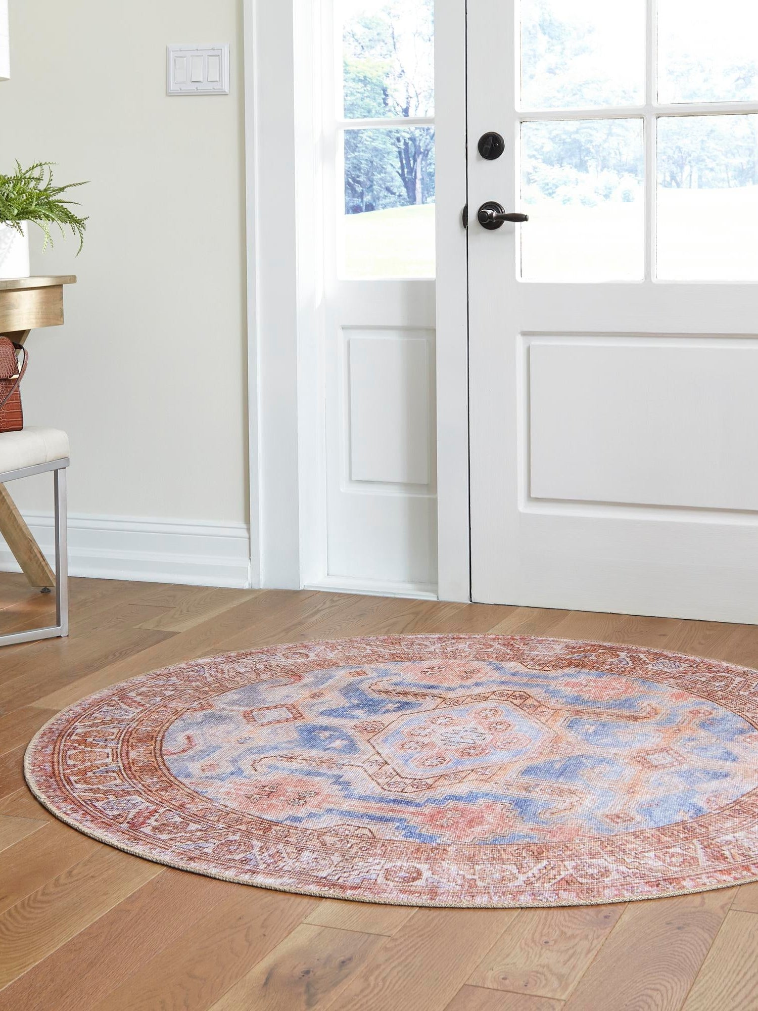 Washable Blue 5' x 5' Timeless Round Area Rug Easy to Clean Stain Resistant & Durable