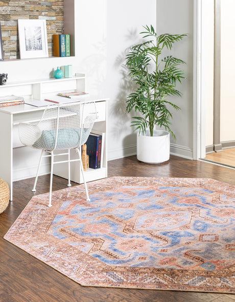 Washable Blue 7' 6 x 7' 6 Timeless Octagon Area Rug Easy to Clean Stain Resistant & Durable Traditional Classic Vintage Design Carpet for Sale at Rug Engine
