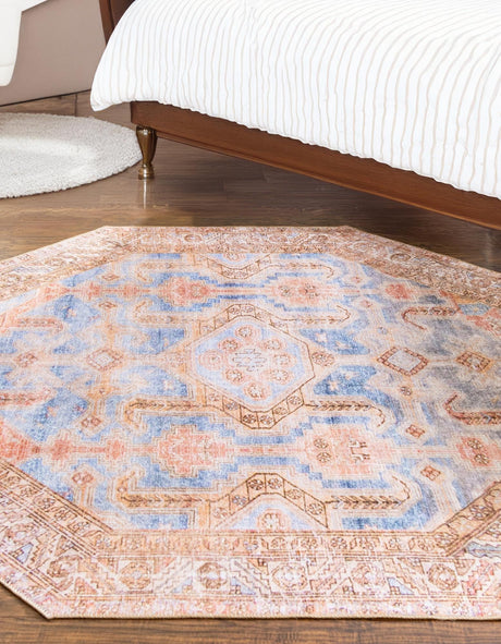 Washable Blue 7' 6 x 7' 6 Timeless Octagon Area Rug Easy to Clean Stain Resistant & Durable Traditional Classic Vintage Design Carpet for Sale at Rug Engine
