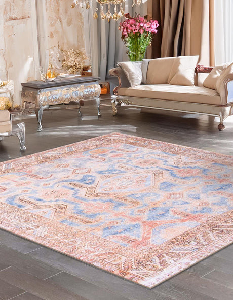 Washable Blue 7' 6 x 7' 6 Timeless Square Area Rug Easy to Clean Stain Resistant & Durable Traditional Classic Vintage Design Carpet for Sale at Rug Engine