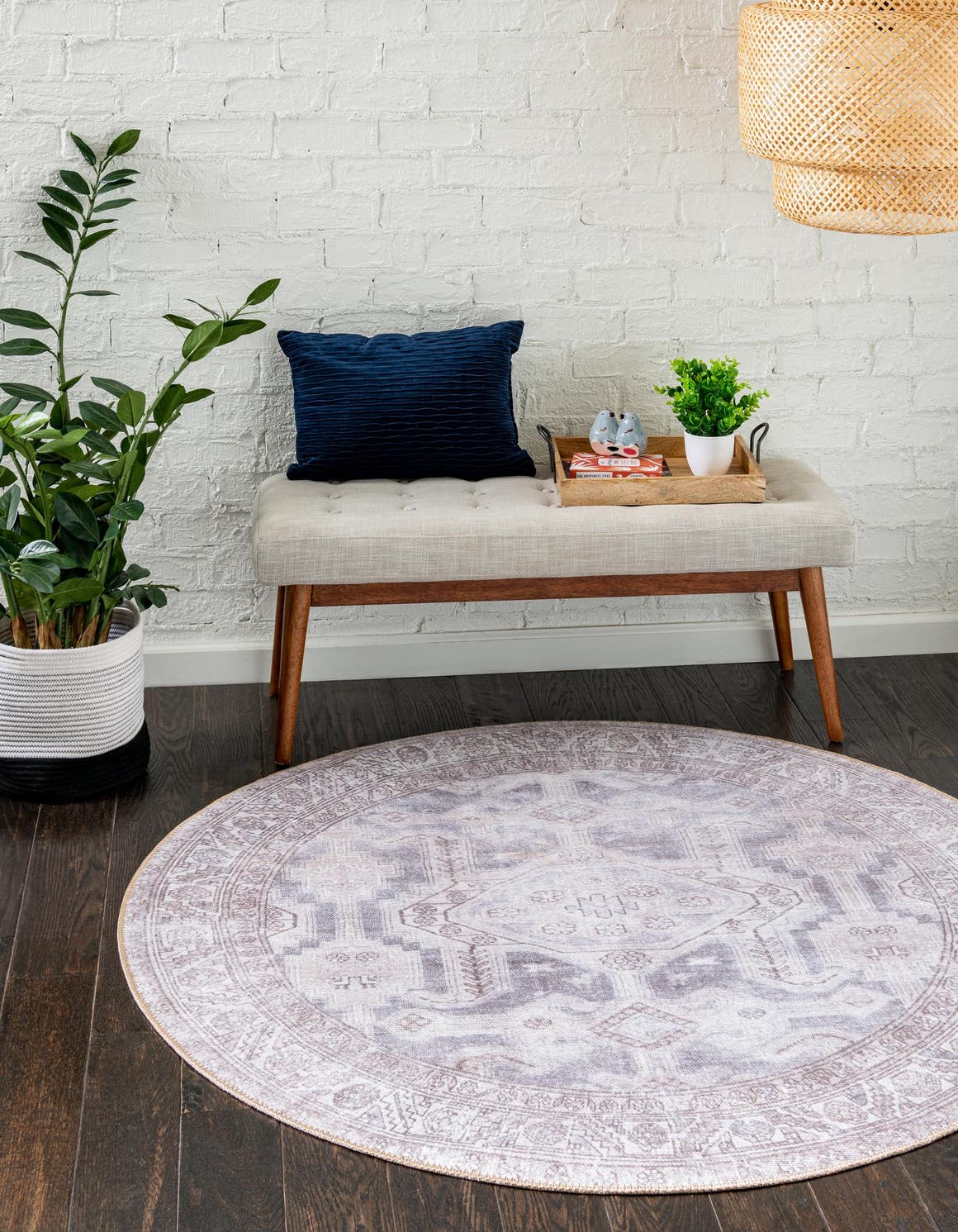 Washable Gray 5' x 5' Timeless Round Area Rug Easy to Clean Stain Resistant & Durable Traditional Classic Vintage Design Carpet for Sale at Rug Engine