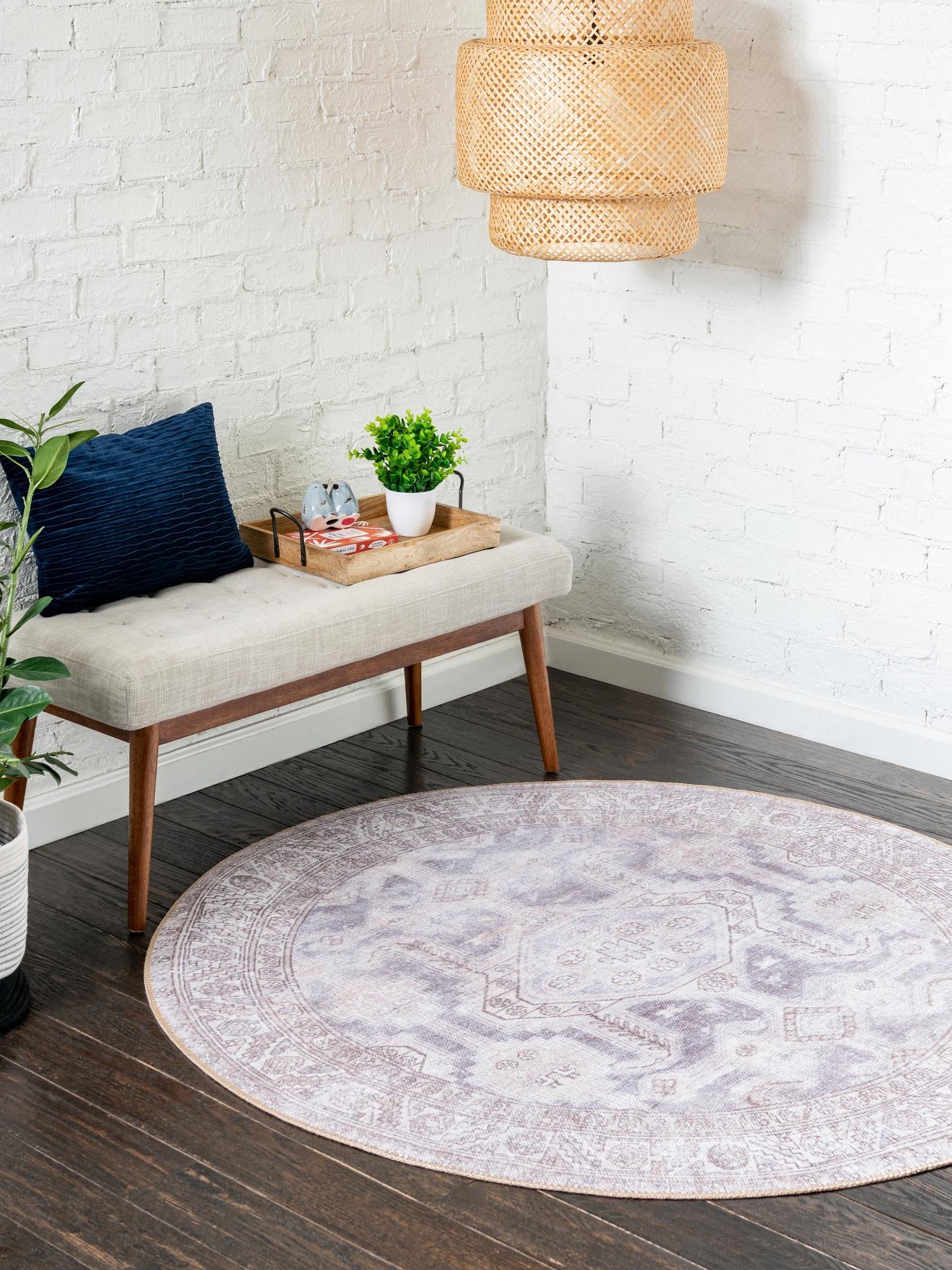 Washable Gray 5' x 5' Timeless Round Area Rug Easy to Clean Stain Resistant & Durable Traditional Classic Vintage Design Carpet for Sale at Rug Engine