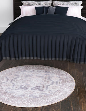 Washable Gray 5' x 5' Timeless Round Area Rug Easy to Clean Stain Resistant & Durable Traditional Classic Vintage Design Carpet for Sale at Rug Engine