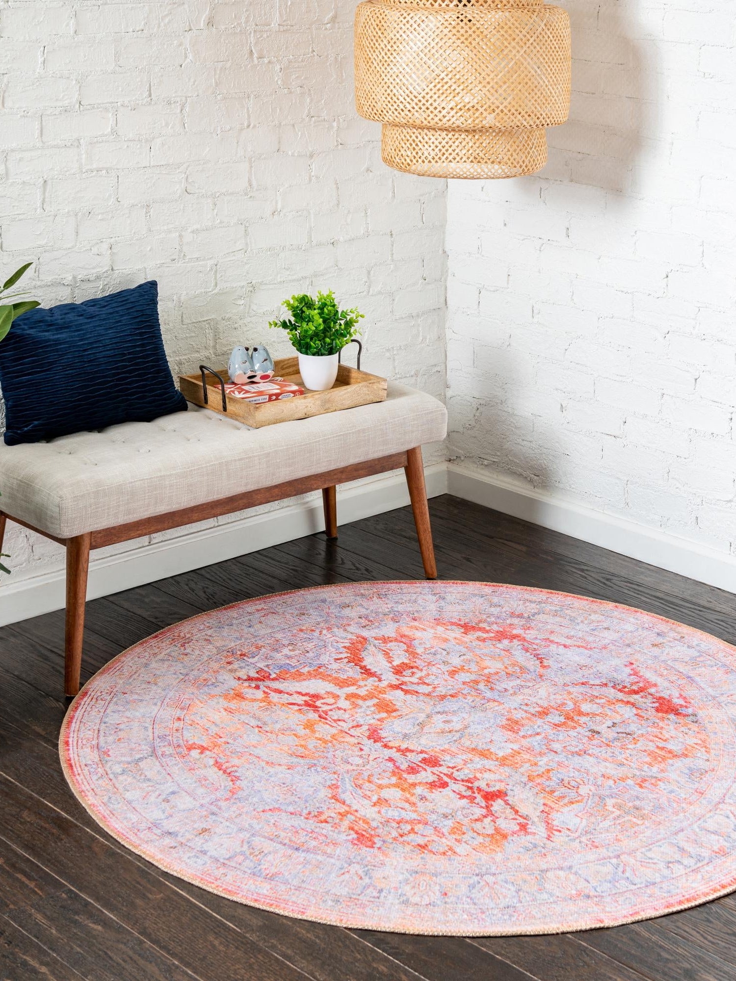 Washable Rust Red 5' x 5' Timeless Round Area Rug Easy to Clean Stain Resistant & Durable Traditional Classic Vintage Design Carpet for Sale at Rug Engine