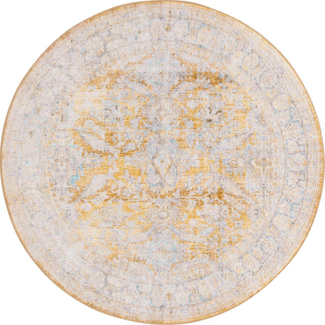 Washable Yellow 3' 6 x 3' 6 Timeless Round Area Rug Easy to Clean Stain Resistant & Durable Traditional Classic Vintage Design Carpet for Sale at Rug Engine