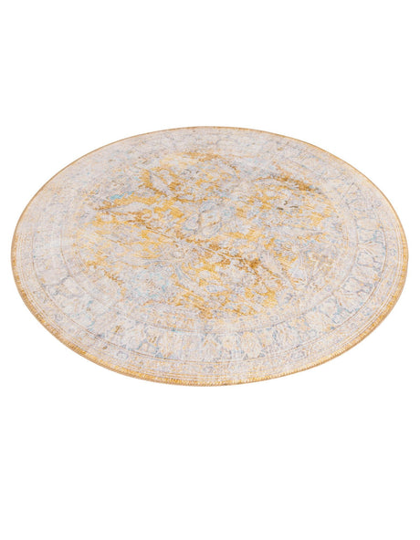 Washable Yellow 5' x 5' Timeless Round Area Rug Easy to Clean Stain Resistant & Durable Traditional Classic Vintage Design Carpet for Sale at Rug Engine