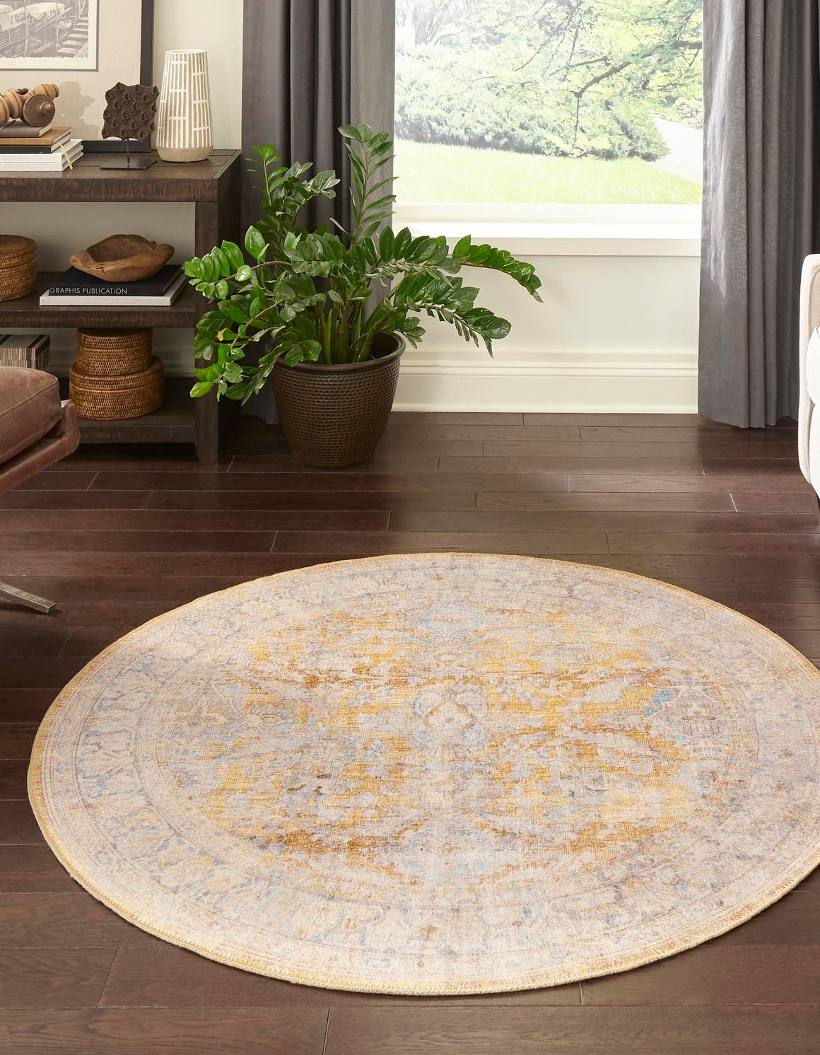 Washable Yellow 7' 7 x 7' 7 Timeless Round Area Rug Easy to Clean Stain Resistant & Durable Traditional Classic Vintage Design Carpet for Sale at Rug Engine