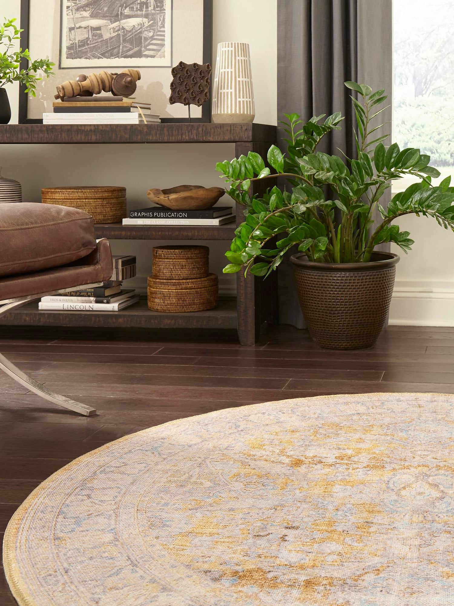 Washable Yellow 3' 6 x 3' 6 Timeless Round Area Rug Easy to Clean Stain Resistant & Durable Traditional Classic Vintage Design Carpet for Sale at Rug Engine