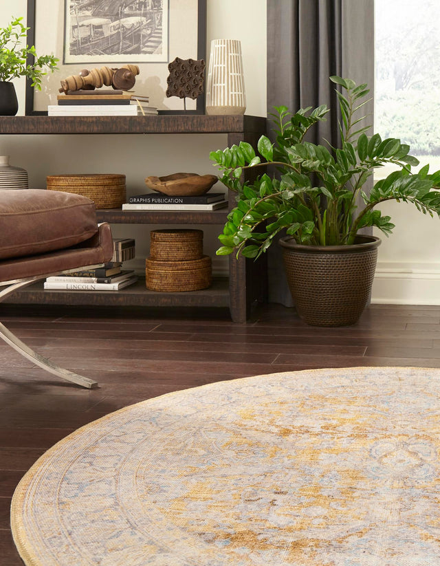 Washable Yellow 3' 6 x 3' 6 Timeless Round Area Rug Easy to Clean Stain Resistant & Durable Traditional Classic Vintage Design Carpet for Sale at Rug Engine