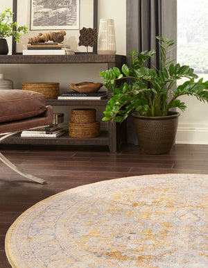 Washable Yellow 7' 7 x 7' 7 Timeless Round Area Rug Easy to Clean Stain Resistant & Durable Traditional Classic Vintage Design Carpet for Sale at Rug Engine