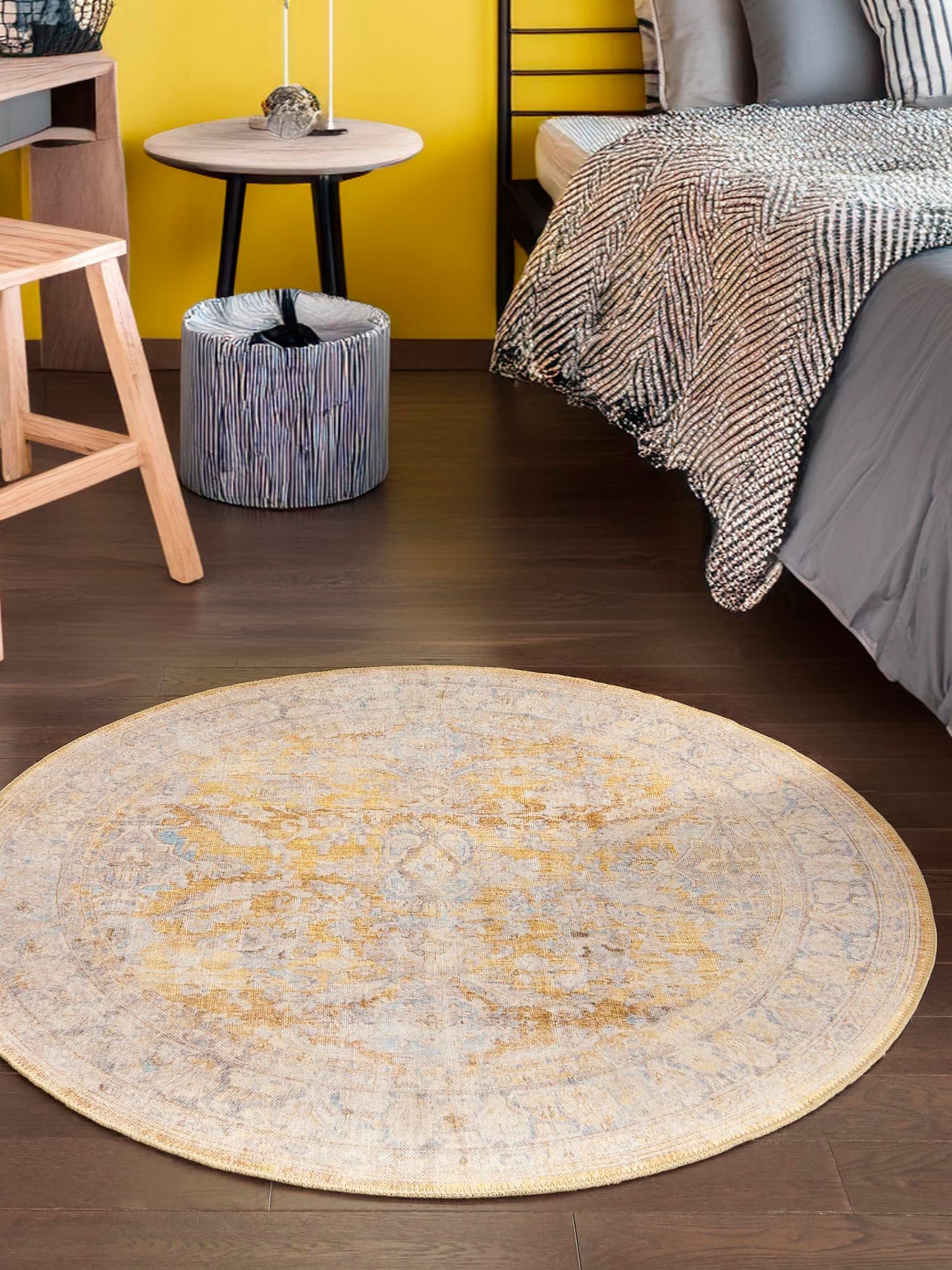 Washable Yellow 7' 7 x 7' 7 Timeless Round Area Rug Easy to Clean Stain Resistant & Durable Traditional Classic Vintage Design Carpet for Sale at Rug Engine