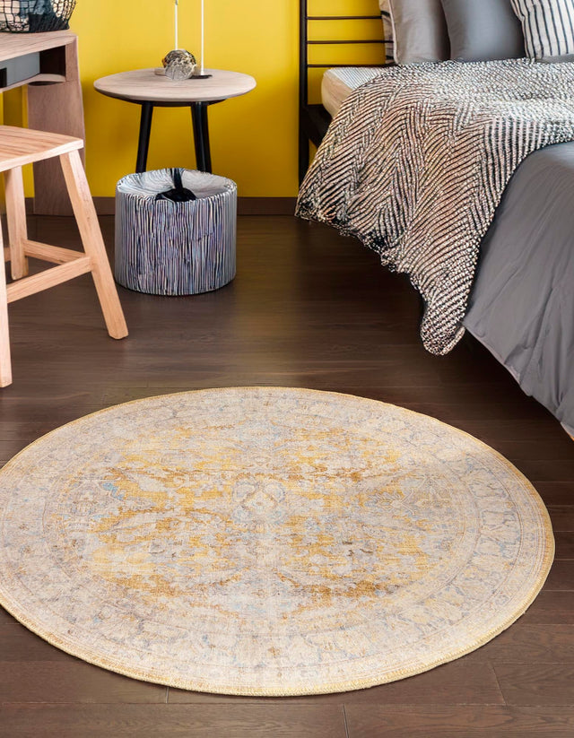 Washable Yellow 7' 7 x 7' 7 Timeless Round Area Rug Easy to Clean Stain Resistant & Durable Traditional Classic Vintage Design Carpet for Sale at Rug Engine