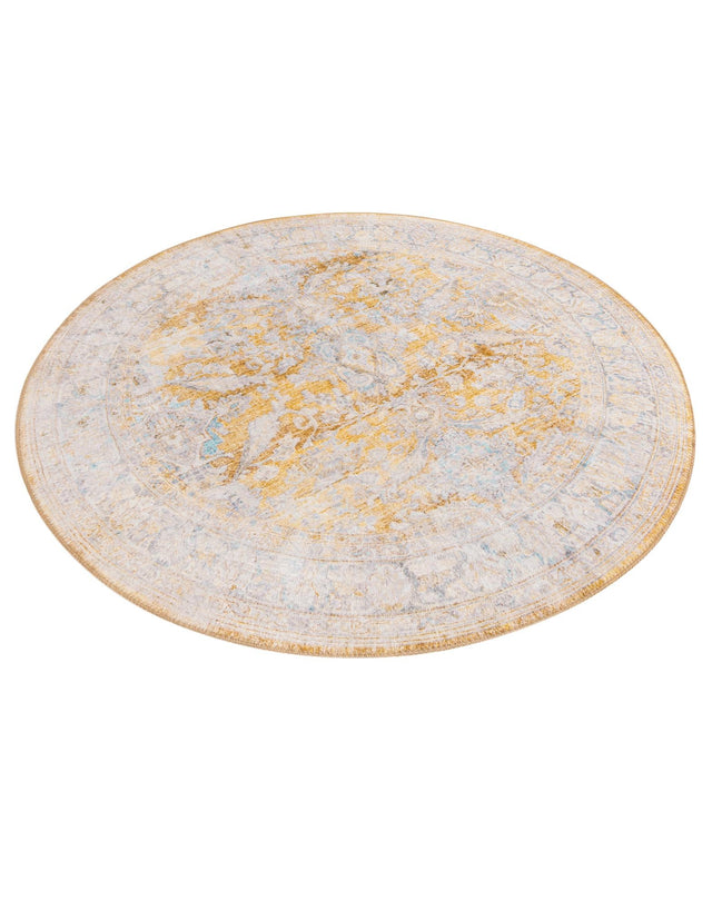 Washable Yellow 5' x 5' Timeless Round Area Rug Easy to Clean Stain Resistant & Durable Traditional Classic Vintage Design Carpet for Sale at Rug Engine