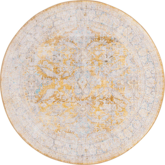 Washable Yellow 5' x 5' Timeless Round Area Rug Easy to Clean Stain Resistant & Durable Traditional Classic Vintage Design Carpet for Sale at Rug Engine