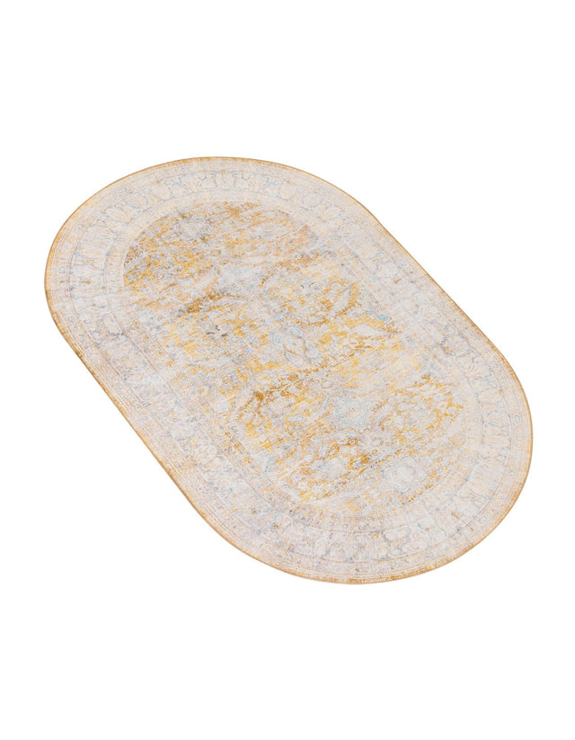 Washable Yellow 5' x 8' Timeless Oval Area Rug Easy to Clean Stain Resistant & Durable Traditional Classic Vintage Design Carpet for Sale at Rug Engine