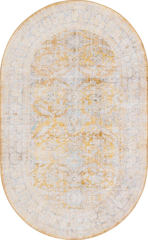 Washable Yellow 5' x 8' Timeless Oval Area Rug Easy to Clean Stain Resistant & Durable Traditional Classic Vintage Design Carpet for Sale at Rug Engine