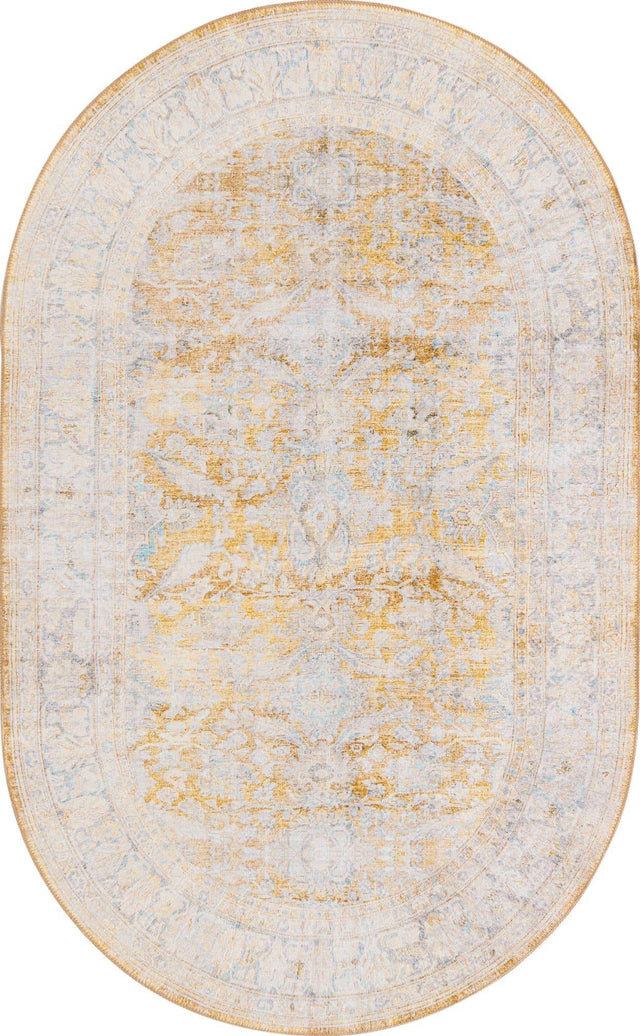 Washable Yellow 5' x 8' Timeless Oval Area Rug Easy to Clean Stain Resistant & Durable Traditional Classic Vintage Design Carpet for Sale at Rug Engine