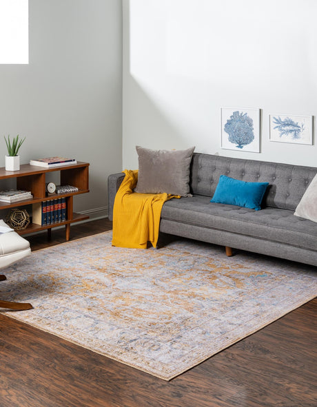 Washable Yellow 7' 6 x 7' 6 Timeless Square Area Rug Easy to Clean Stain Resistant & Durable Traditional Classic Vintage Design Carpet for Sale at Rug Engine