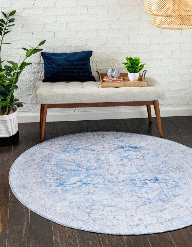 Washable Blue 3' 6 x 3' 6 Timeless Round Area Rug Easy to Clean Stain Resistant & Durable Traditional Classic Vintage Design Carpet for Sale at Rug Engine