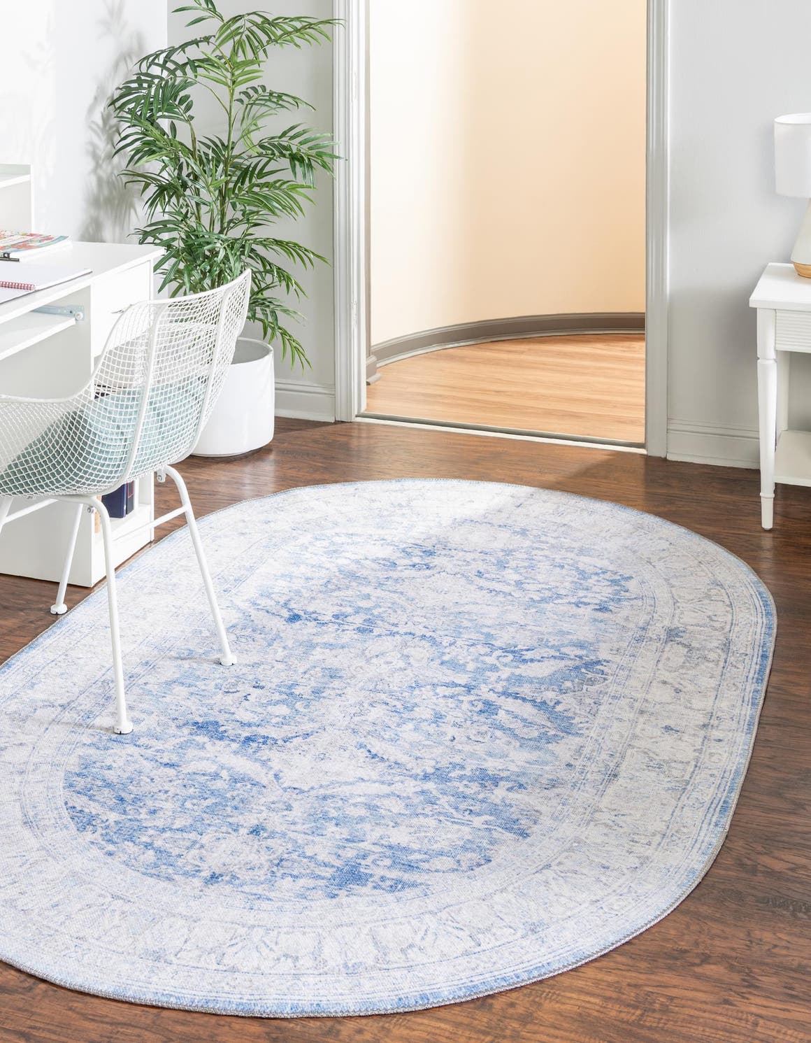 Washable Blue 7' 6 x 10' 6 Timeless Oval Area Rug Easy to Clean Stain Resistant & Durable Traditional Classic Vintage Design Carpet for Sale at Rug Engine