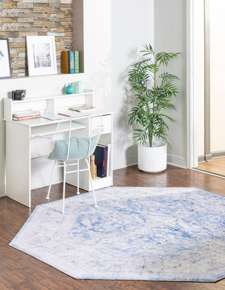 Washable Blue 7' 6 x 7' 6 Timeless Octagon Area Rug Easy to Clean Stain Resistant & Durable Traditional Classic Vintage Design Carpet for Sale at Rug Engine