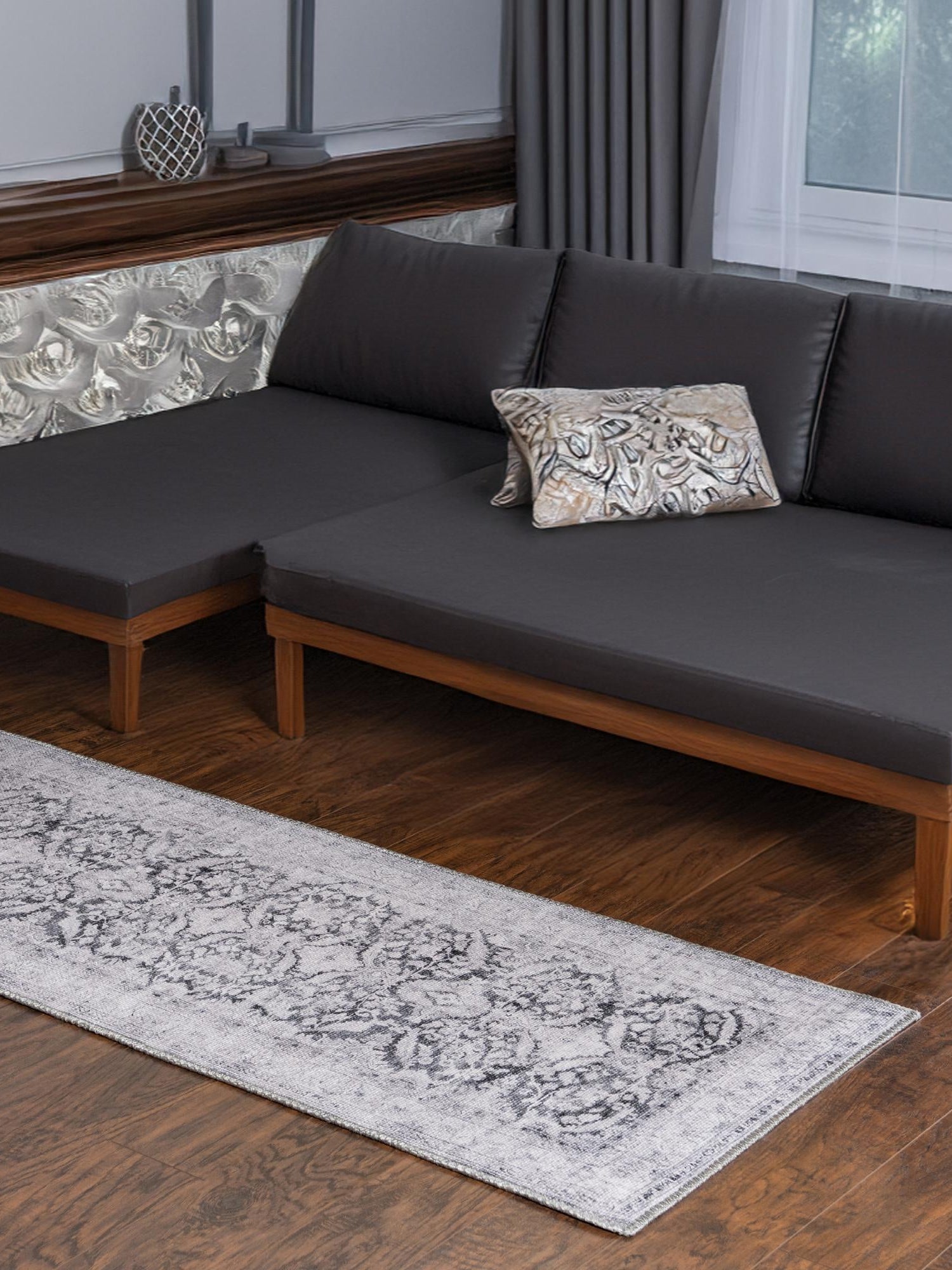 Washable Charcoal 2' x 6' Timeless Runner Area Rug Easy to Clean Stain Resistant & Durable Traditional Classic Vintage Design Carpet for Sale at Rug Engine