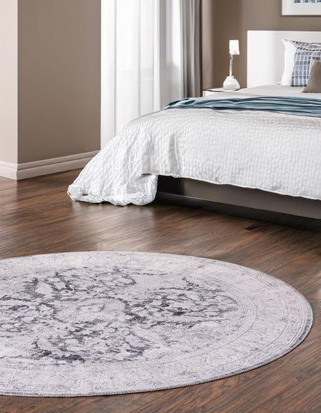 Washable Charcoal 5' x 5' Timeless Round Area Rug Easy to Clean Stain Resistant & Durable Traditional Classic Vintage Design Carpet for Sale at Rug Engine