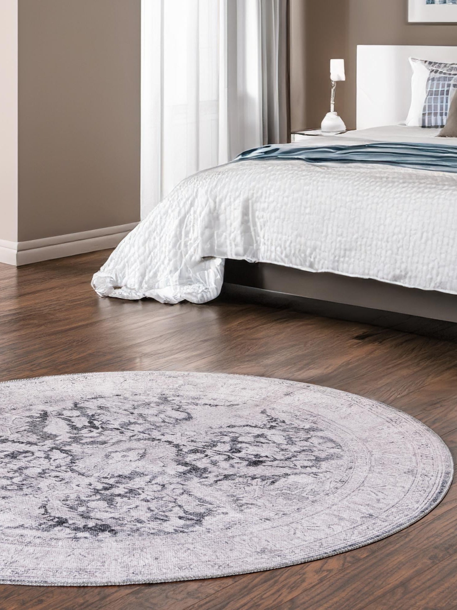 Washable Charcoal 7' 7 x 7' 7 Timeless Round Area Rug Easy to Clean Stain Resistant & Durable Traditional Classic Vintage Design Carpet for Sale at Rug Engine