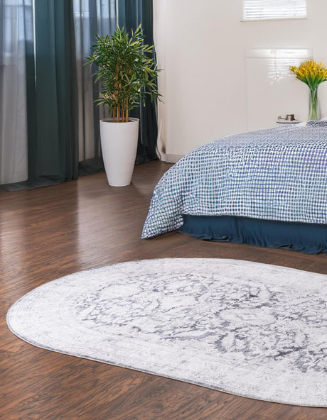 Washable Charcoal 5' x 8' Timeless Oval Area Rug Easy to Clean Stain Resistant & Durable Traditional Classic Vintage Design Carpet for Sale at Rug Engine